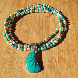 Jay King 3 Strand turquoise pearl necklace turquoise inlay pendant 925 Sterling